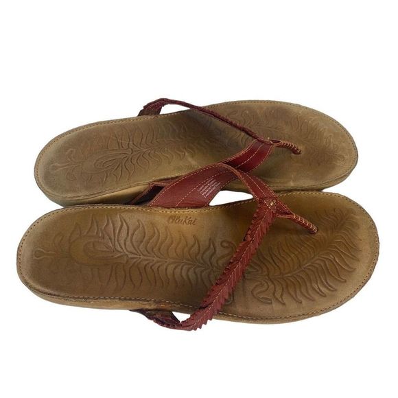 Olukai Leather Sandals Women's 10 US Kahili Tan Red Thong Slip On Slides 41 EUR - Picture 2 of 9